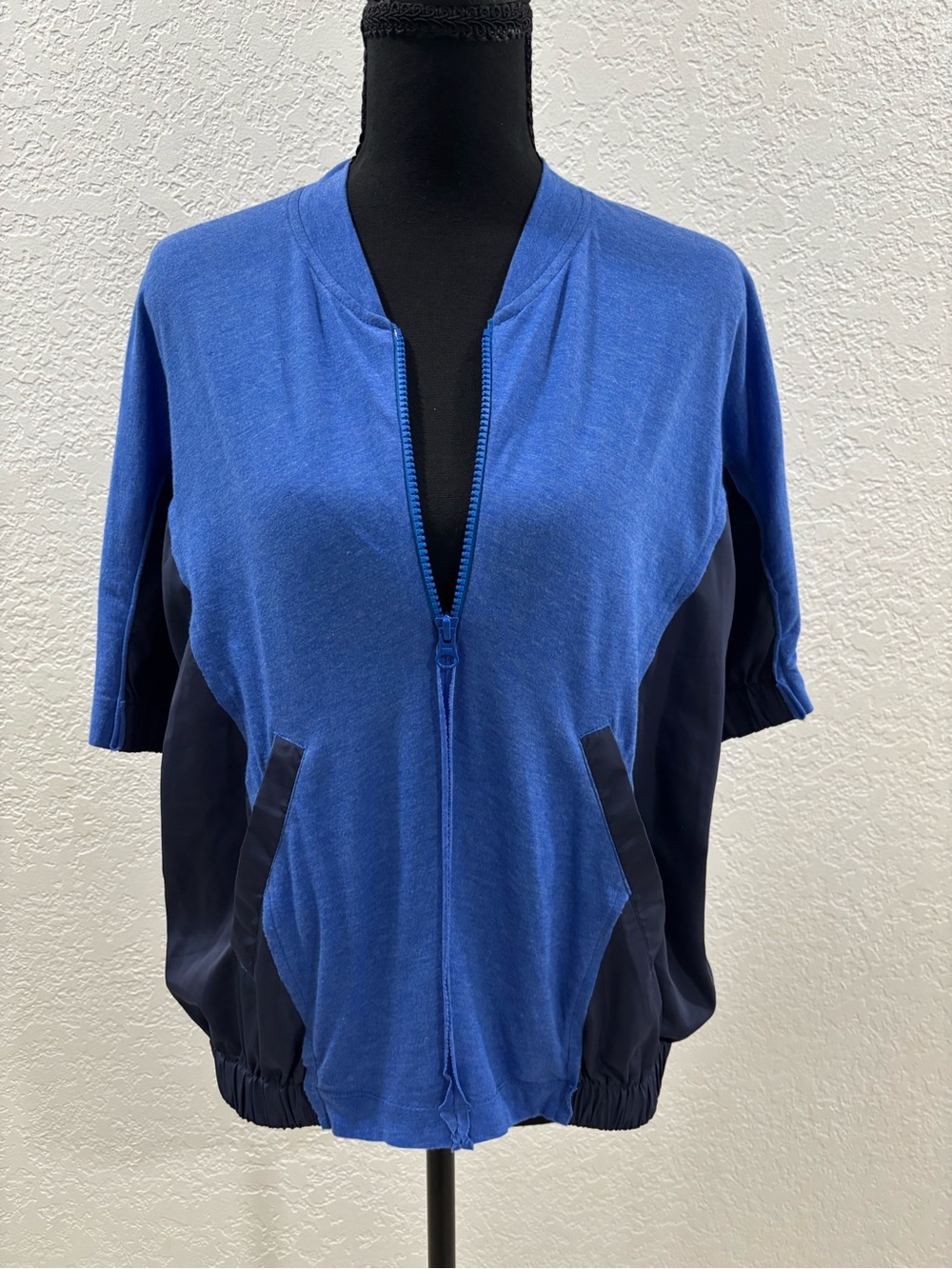 Nau Blue Short-Sleeve Bomber Jacket with Navy Panels